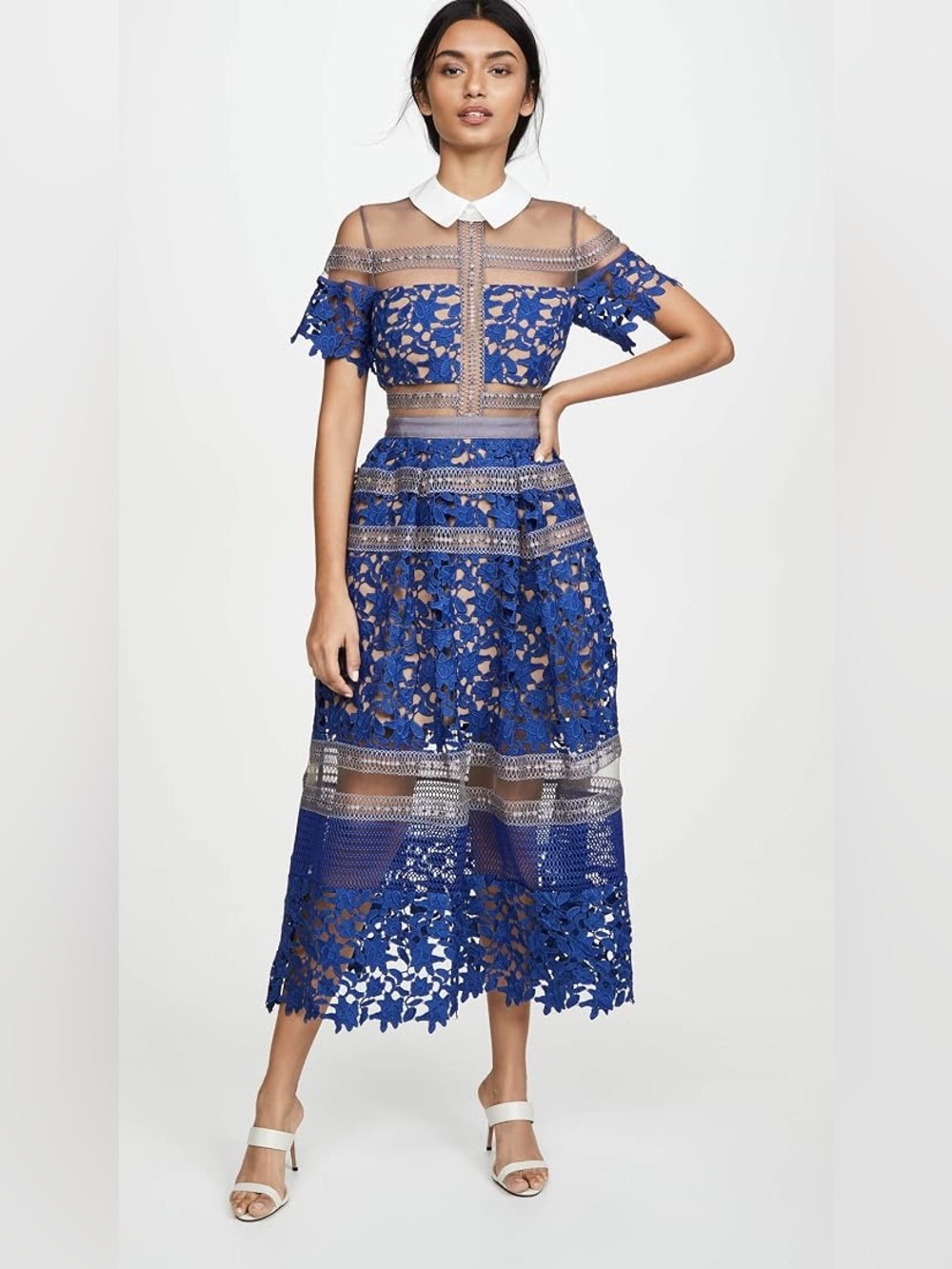 Self-Portrait Liliana Dress US 10 Blue Lace Mesh Midi Collared NWT Designer